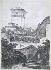 FELICE GIANI, Landscape with Villa and Fountain, black chalk